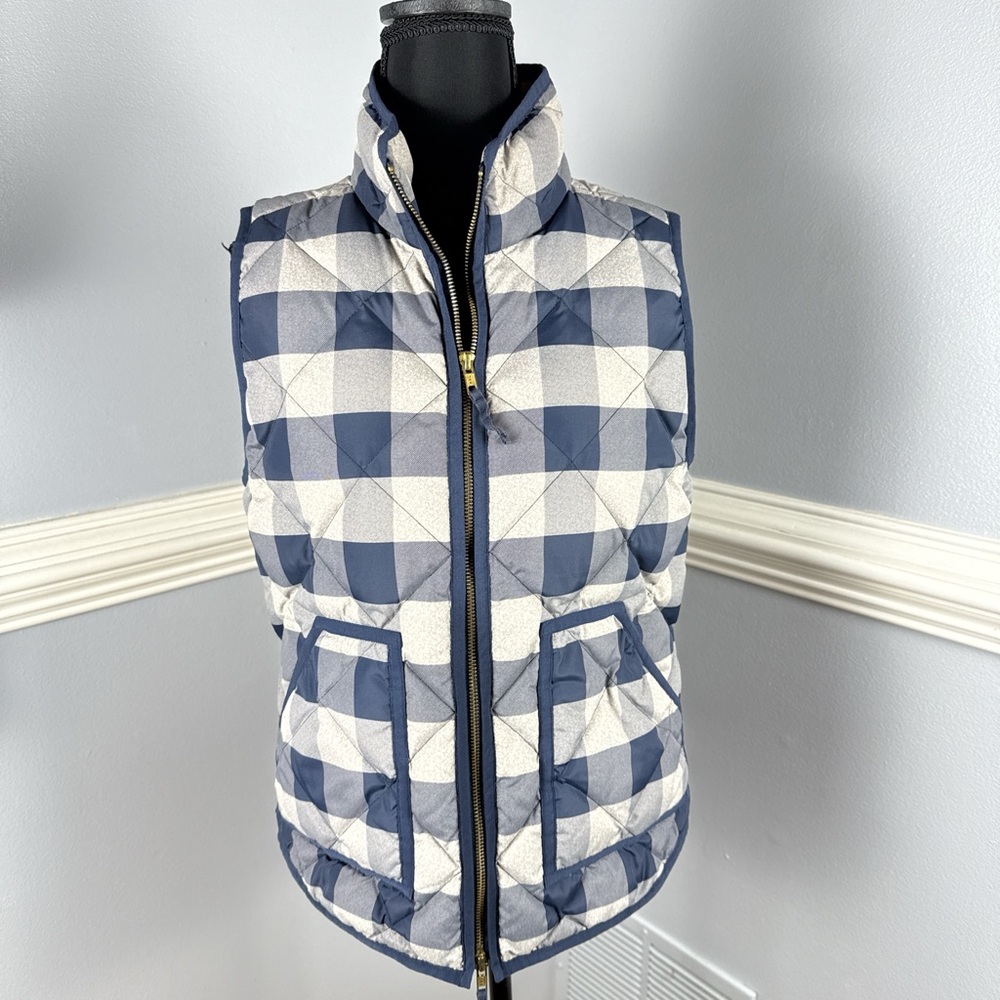 J. Crew Navy and White Quilted Buffalo-Check Puffer Vest